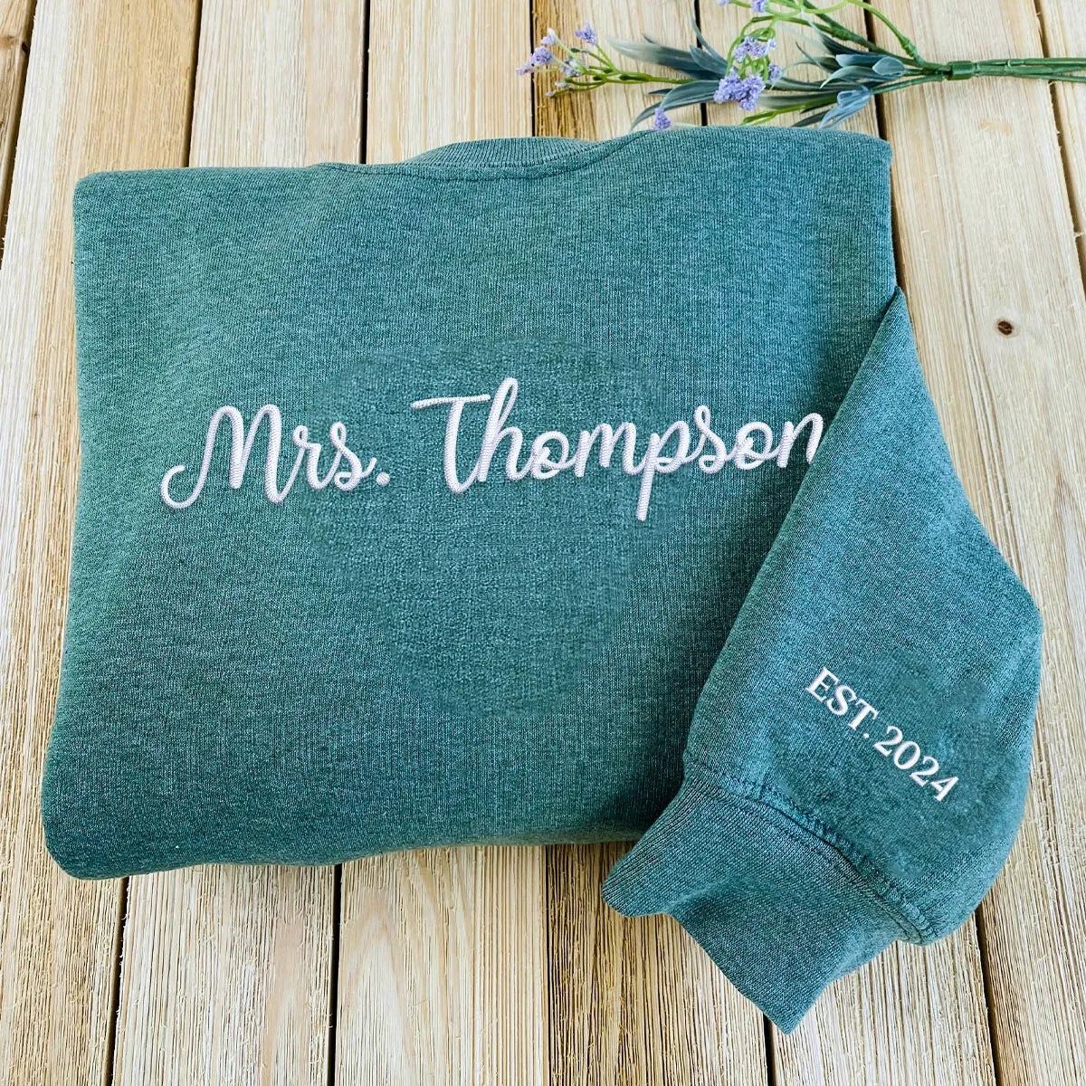 Personalized Bridal Shower Gifts for Her with Embroidered Ms Mrs Sweatshirt, EST Date, Any Text Icon on Sleeve