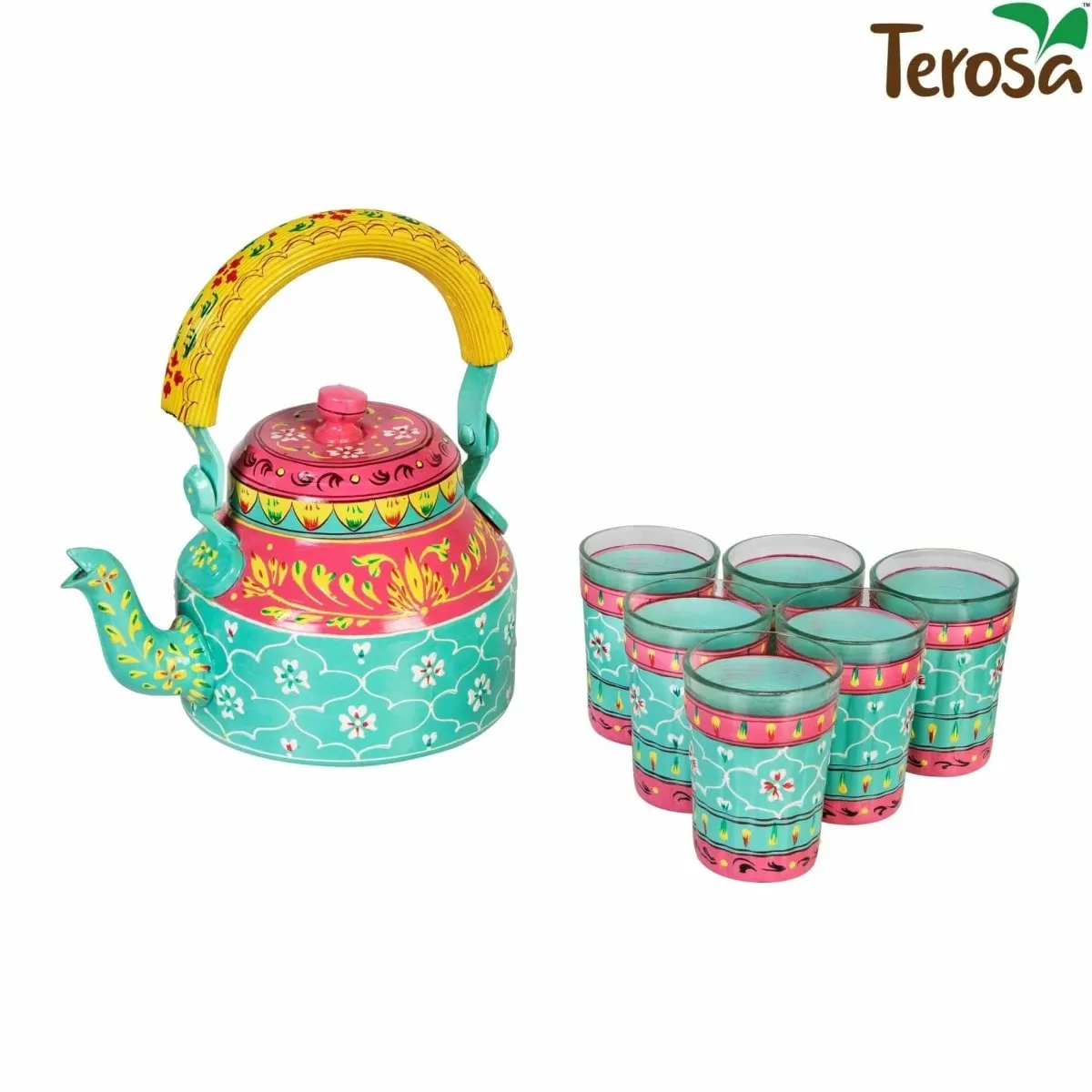 Roseate Kettle Set IV with 6 Glasses & Holder Handicraft Decorative Tea Coffee Set