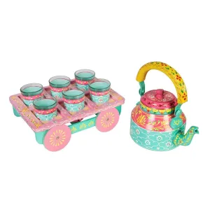 Roseate Kettle Set IV with 6 Glasses & Holder Handicraft Decorative Tea Coffee Set