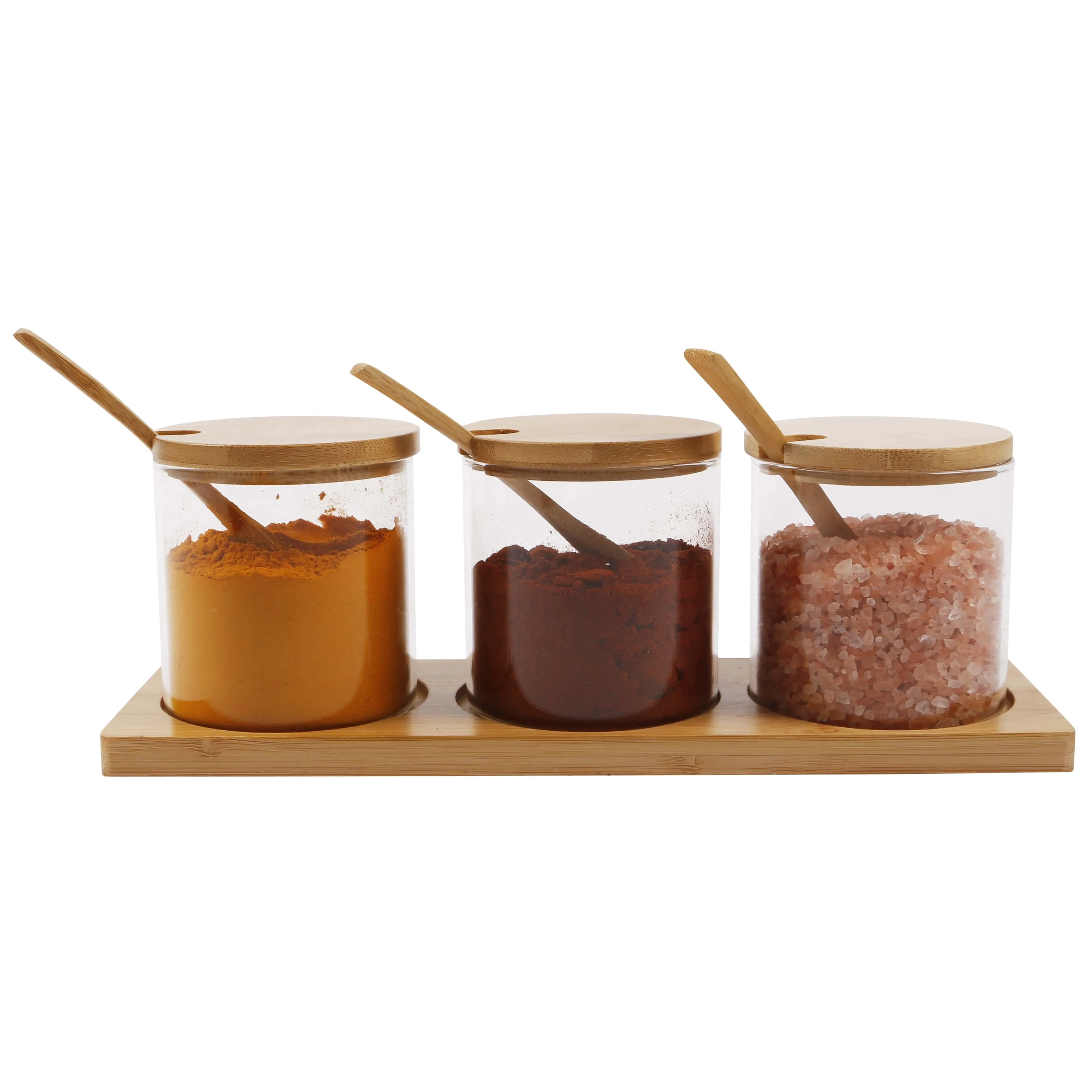 Set of 3 Clear Glass Jars with Bamboo Lid Spoon and Stand