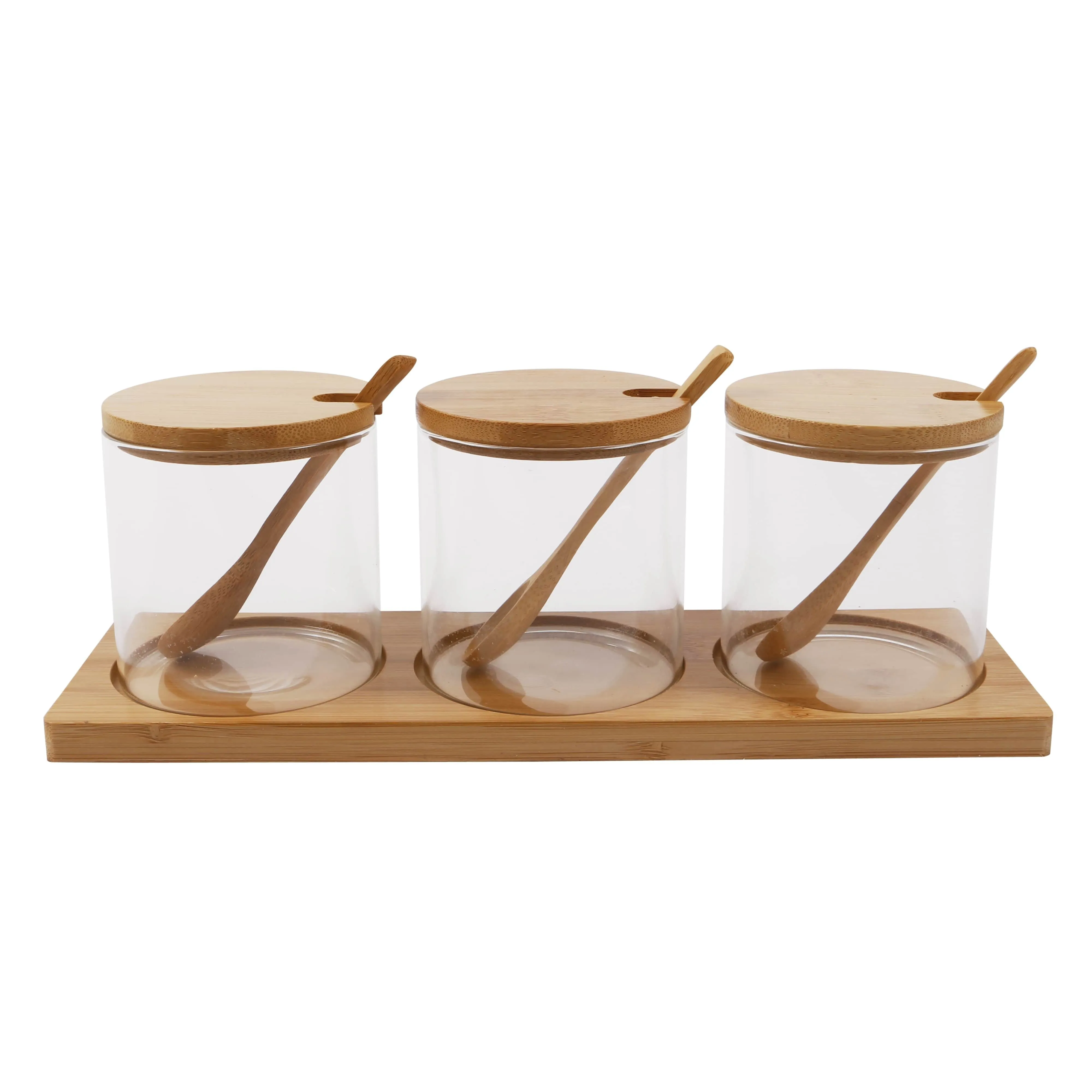 Set of 3 Clear Glass Jars with Bamboo Lid Spoon and Stand