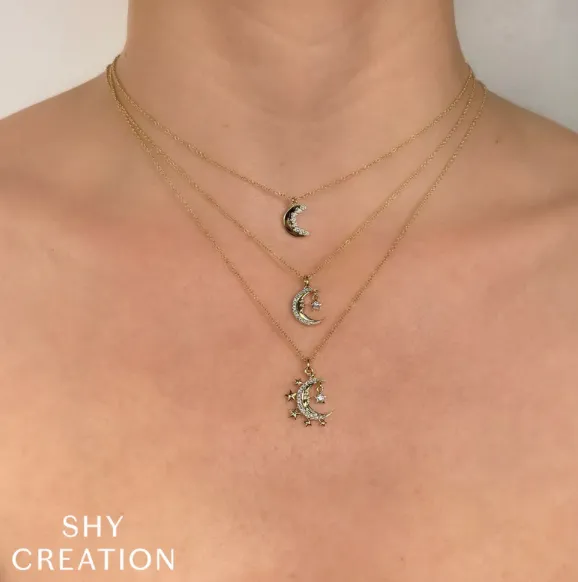 Shy Creation Diamond Crescent Moon & Floating Star Necklace