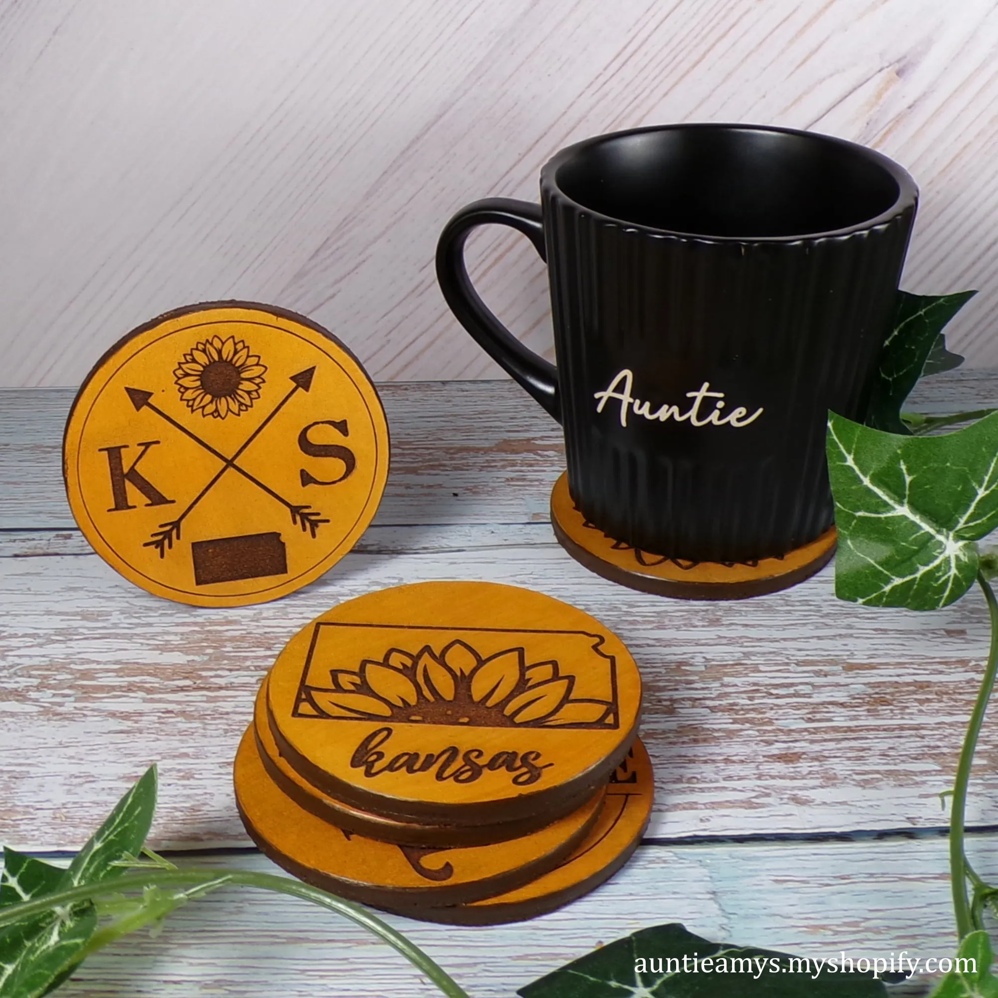 State of Kansas Sunflower - Leather Coaster