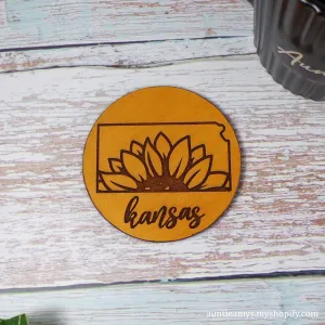 State of Kansas Sunflower - Leather Coaster