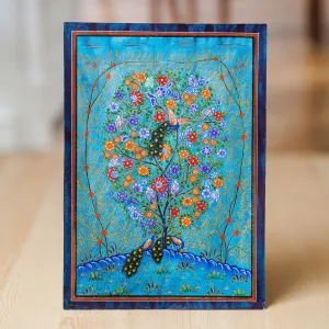 Stretched Nature-Themed Folk Art Watercolor Painting in Blue - Tree of Life IV | NOVICA