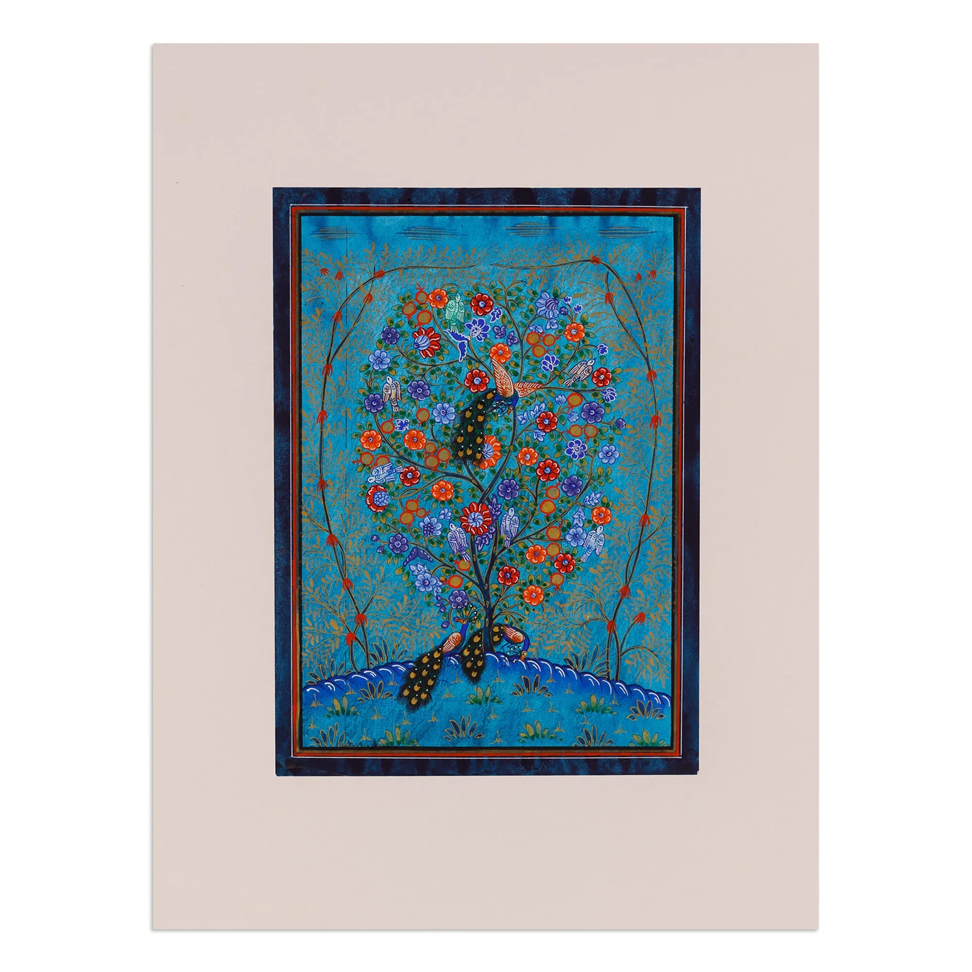 Stretched Nature-Themed Folk Art Watercolor Painting in Blue - Tree of Life IV | NOVICA