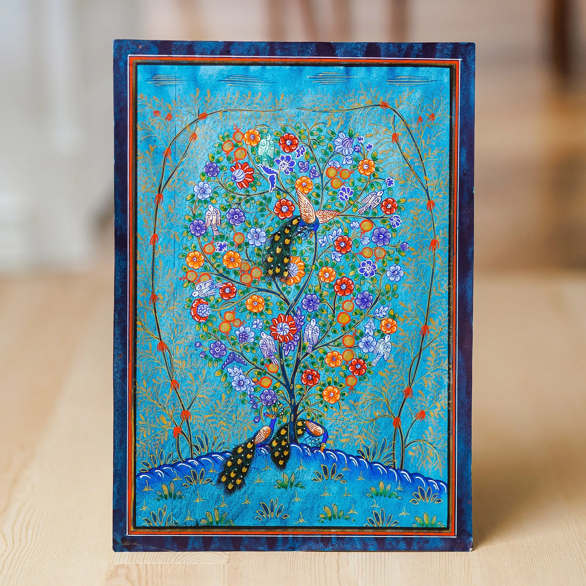 Stretched Nature-Themed Folk Art Watercolor Painting in Blue - Tree of Life IV | NOVICA