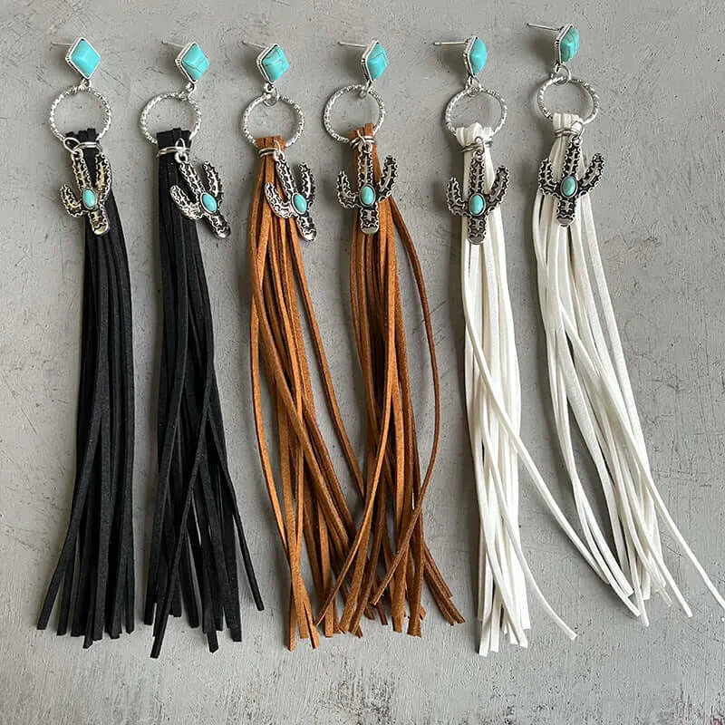 style jewelry temperament creative personality earrings retro long cactus turquoise leather tassel earrings