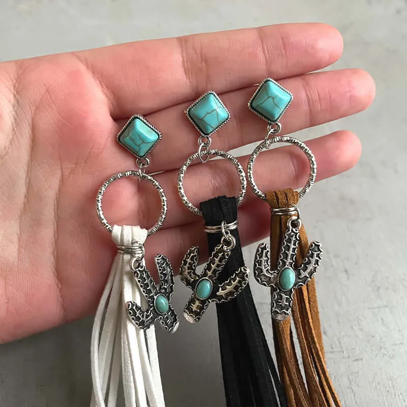 style jewelry temperament creative personality earrings retro long cactus turquoise leather tassel earrings