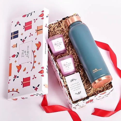 The Better Home Combo Pack|Gift Box Pack of 3 with Copper Bottle (Teal, 1 LTR) & 2 Candles (Black Amber Lavender, 60gm)|Rakhi Gift for Brother, Rakhi Gift for Sister, Dry Fruits Gift Pack