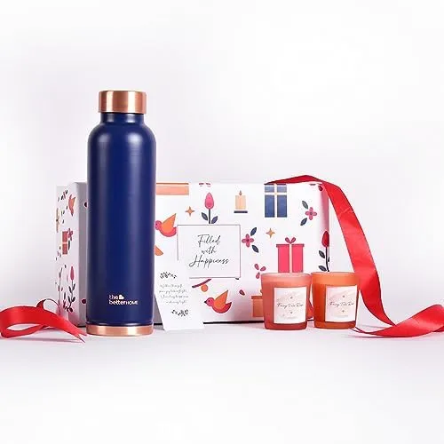 The Better Home Gift Set for Housewarming, Diwali | Gift Box Pack of 3 with Copper Bottle (Blue, 1 LTR) & 2 Candles (60gm) | Gift for Housewarming, Secret Santa Gifts