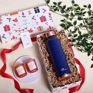 The Better Home Gift Set for Housewarming, Diwali | Gift Box Pack of 3 with Copper Bottle (Blue, 1 LTR) & 2 Candles (60gm) | Gift for Housewarming, Secret Santa Gifts