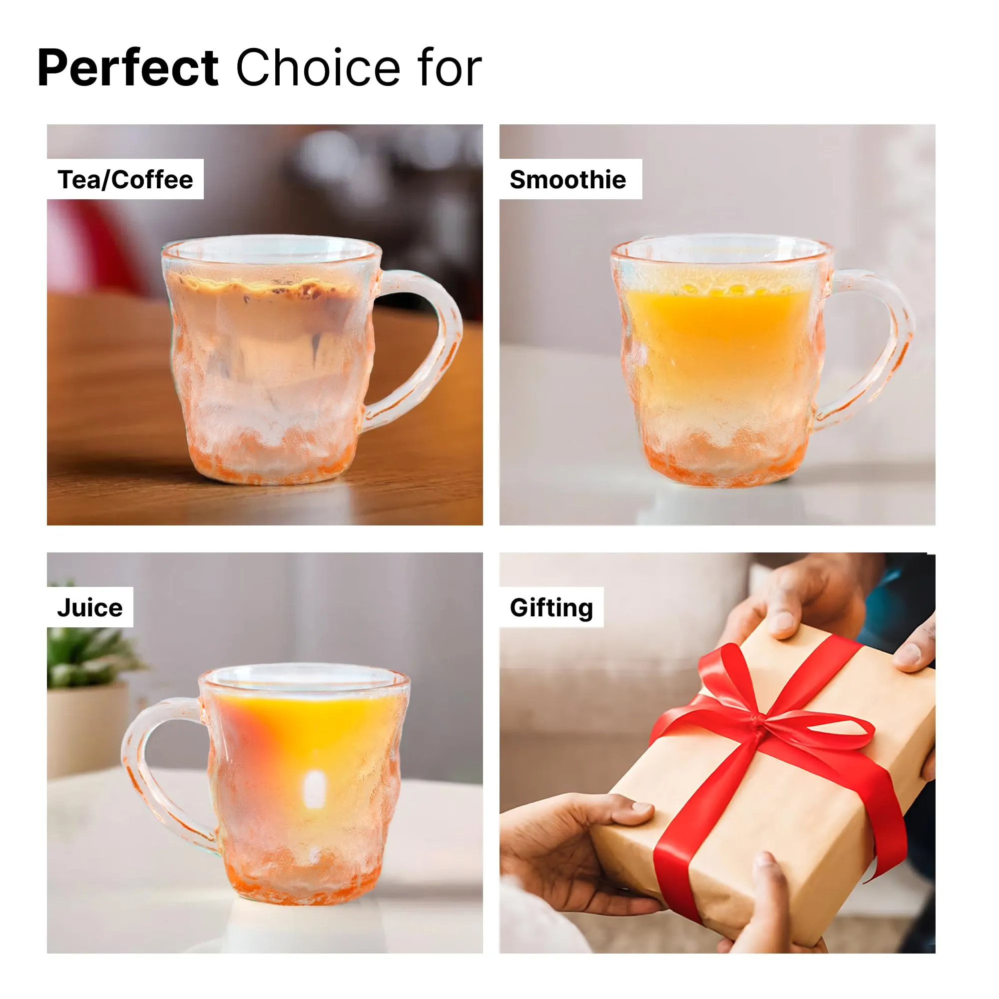 The Better Home Zest Glass Tea Cup (Set of 2-280ml) Lead Free Coffee Cup| Scratch-Resistance Microwave Safe Tea Cup Set | House Warming Gifts for New Home | Return Gifts for Women Amber