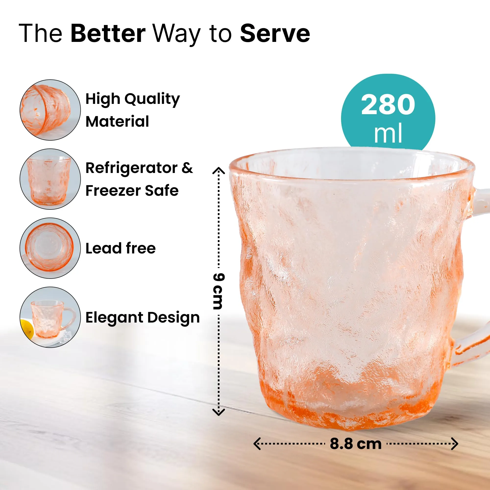 The Better Home Zest Glass Tea Cup (Set of 2-280ml) Lead Free Coffee Cup| Scratch-Resistance Microwave Safe Tea Cup Set | House Warming Gifts for New Home | Return Gifts for Women Amber